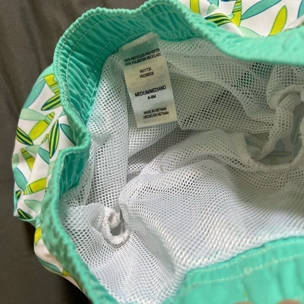 Baby 6-9 months swim trunks inner mesh liner white with blue teal green & yellow
